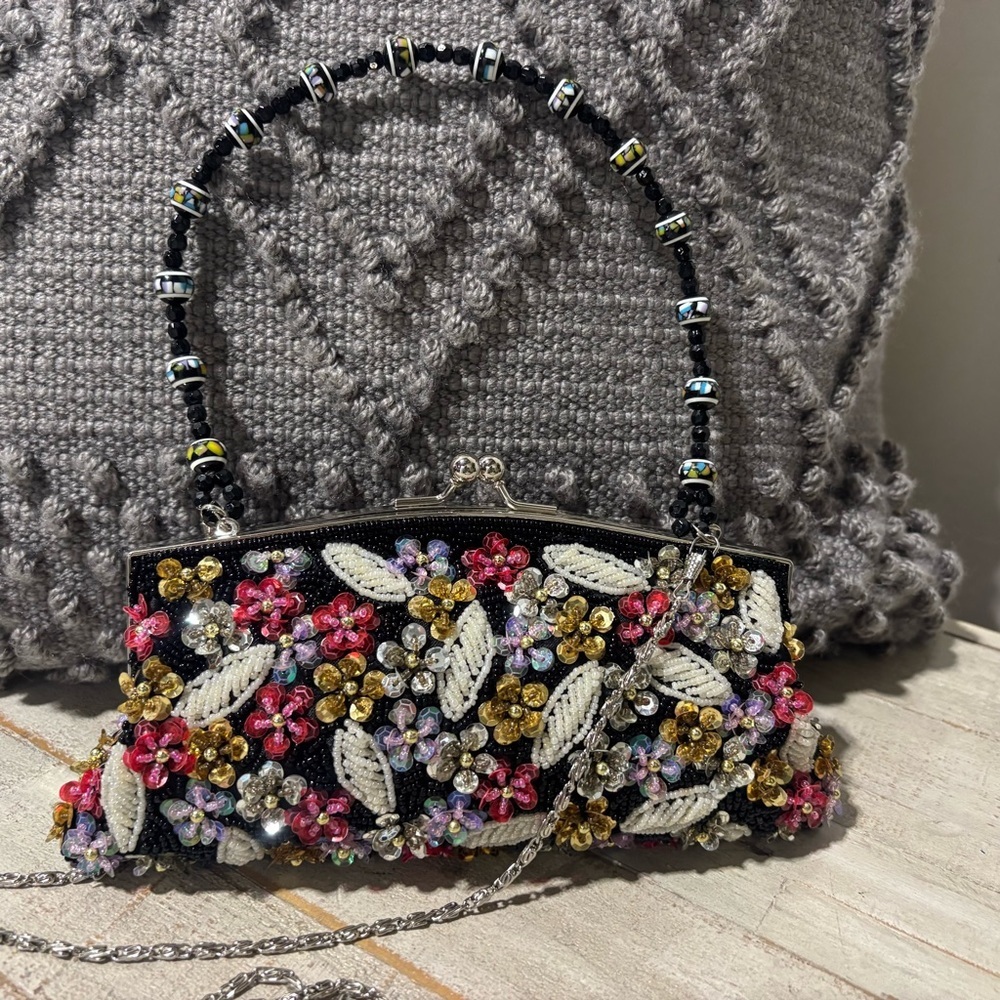 Vintage❤️Hand-Beaded Floral Hand/Crossbody Evening Bag - Picture 3 of 8